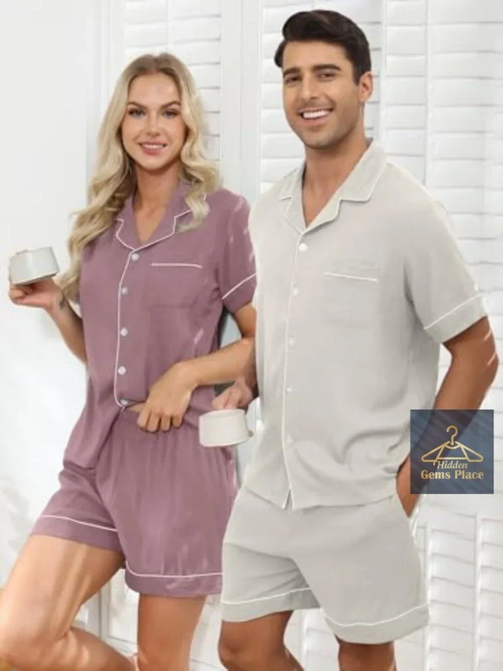 Matching Couples Pajama Set Button Up 2 Piece Lounge Sleepwear Short Set S-3XL